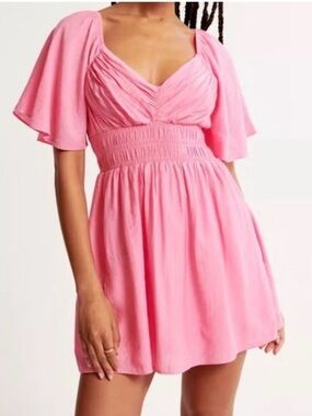 Abercrombie and Fitch Angel Sleeve Smocked Waist Mini Dress Pink Pockets Medium